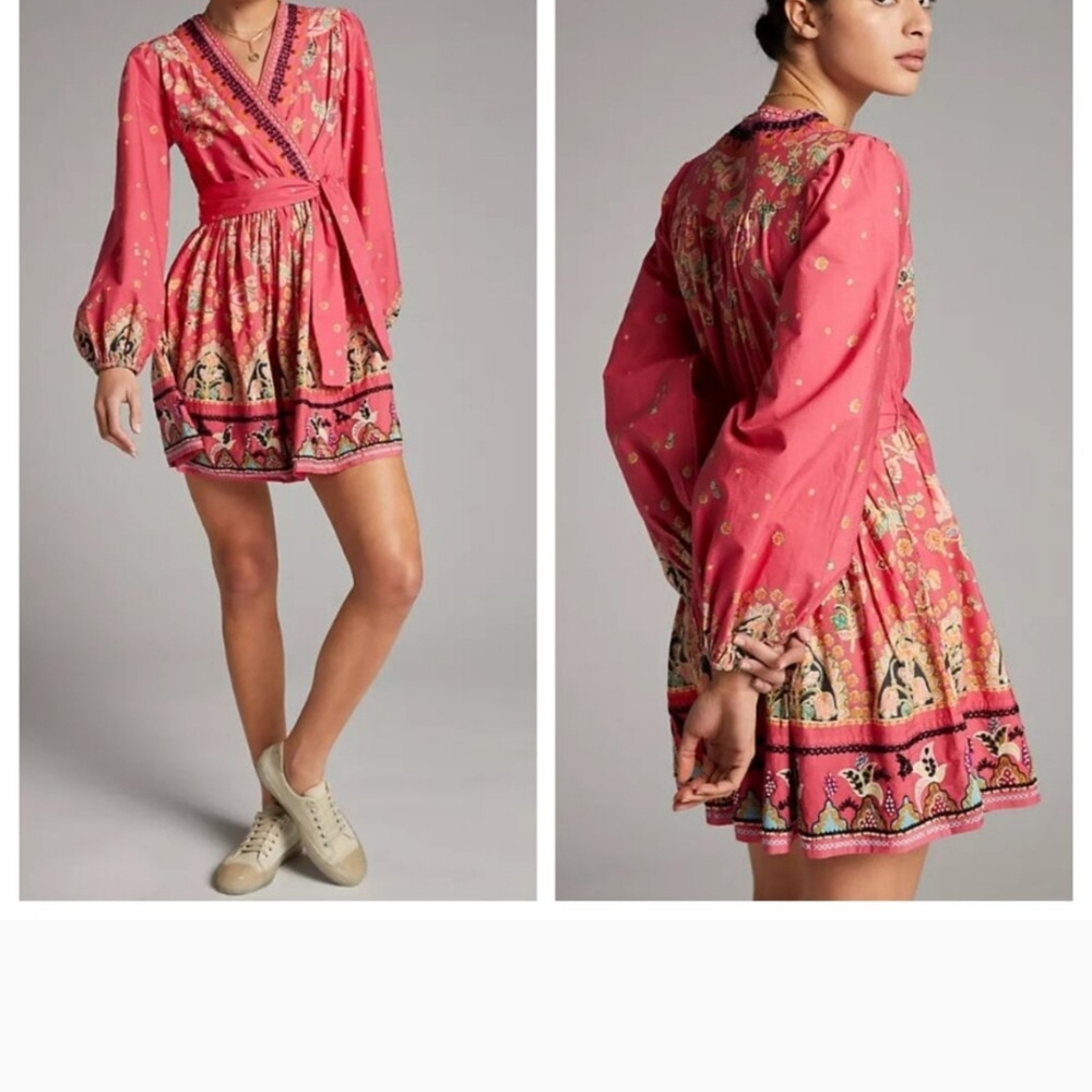 Pink Patterned Wrap DressANTHROPOLOGIE RAQUEL Embroidered Beaded Pink Mini Dress